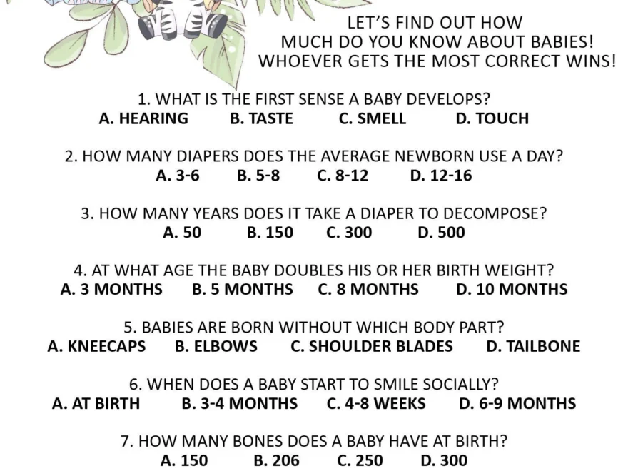 Baby Shower Trivia Game Printable Jungle Inspired Safari Theme Individual Print Etsy