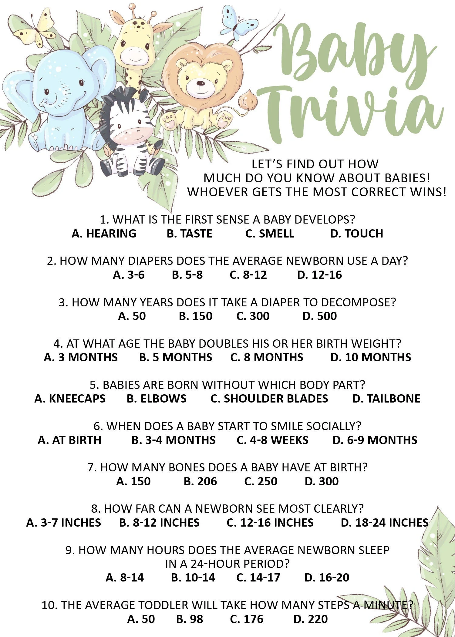 Baby Shower Trivia Game Printable Jungle Inspired Safari Theme Individual Print Etsy