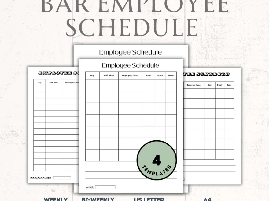 Bar Employee Schedule Template Bar Shift Time List Bartender Working Days Table Bartender Host Waitstaff Time Slots Printable PDF Canva Etsy