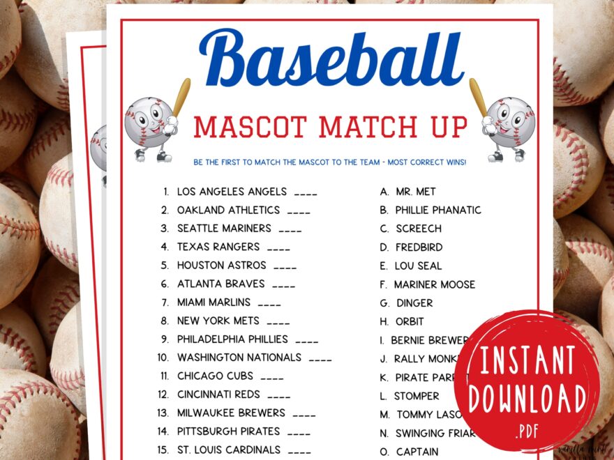 Baseball Mascot Match Up Trivia Game Printable Baseball Team Party Game MLB Game For Kids Adults World Series Activity Birthday Etsy