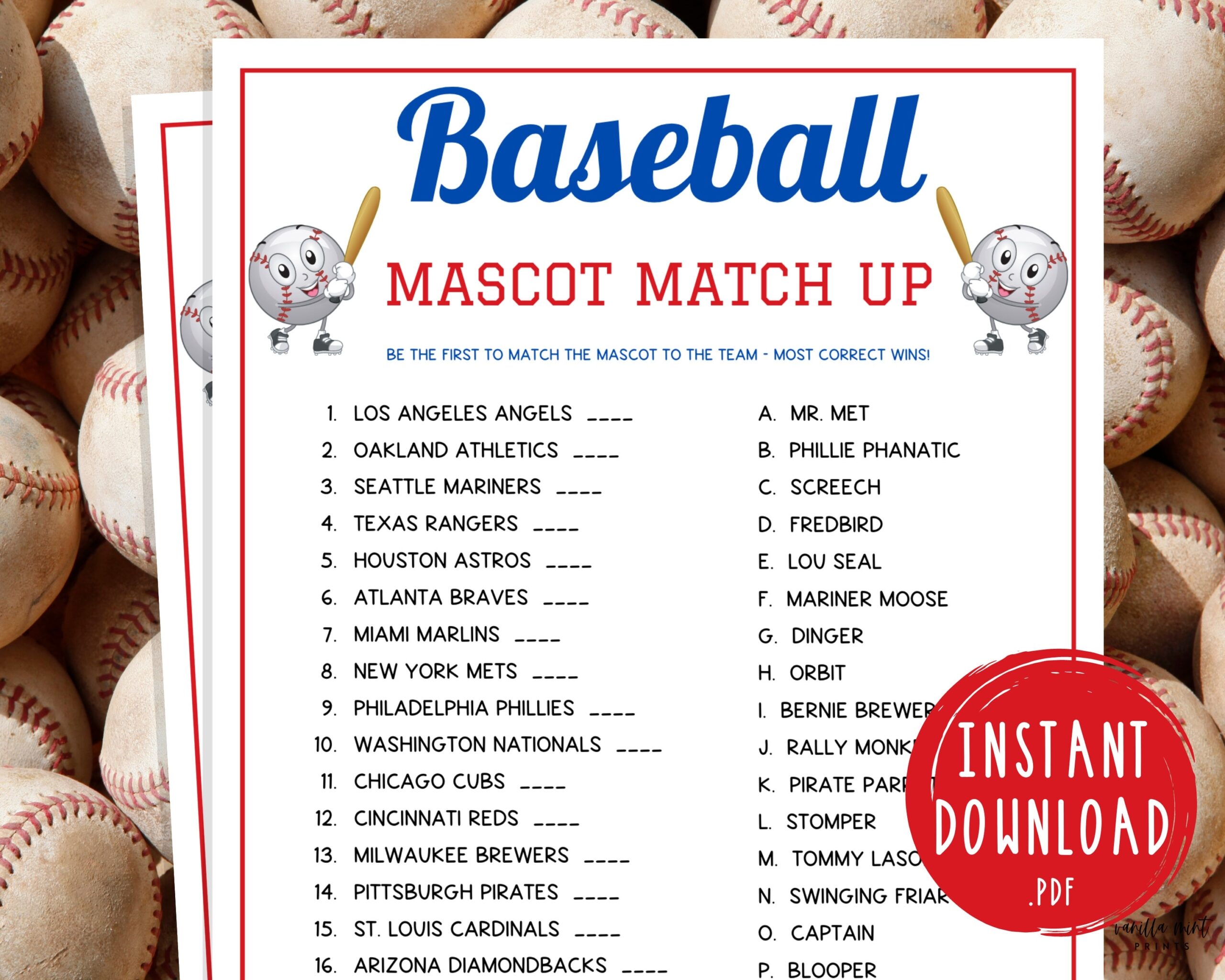Baseball Mascot Match Up Trivia Game Printable Baseball Team Party Game MLB Game For Kids Adults World Series Activity Birthday Etsy Baseball Mascot Match Up Trivia Game Printable Baseball Team Party Game MLB Game For Kids Adults World Series Activity Birthday Etsy