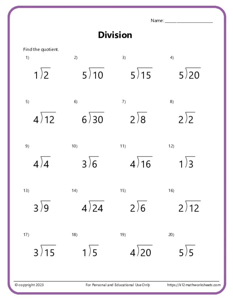 Division By 1 Printable Sheet