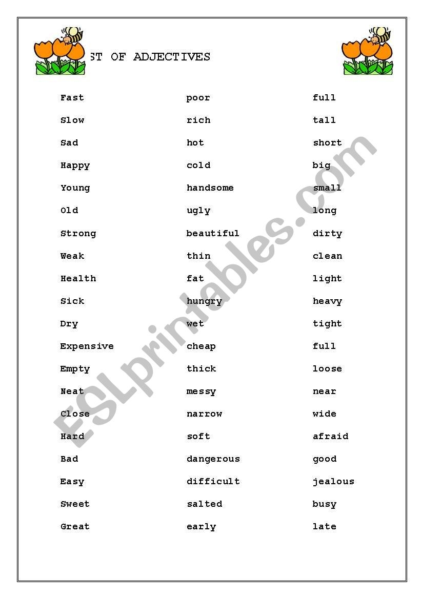 Basic List Of Adjectives ESL Worksheet By Mana Worksheets Library Basic List Of Adjectives ESL Worksheet By Mana Worksheets Library