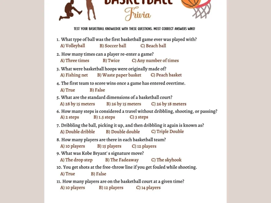 Basketball Trivia Game Printable Tailgate Party Activity Adults Kid Scribbled LLC
