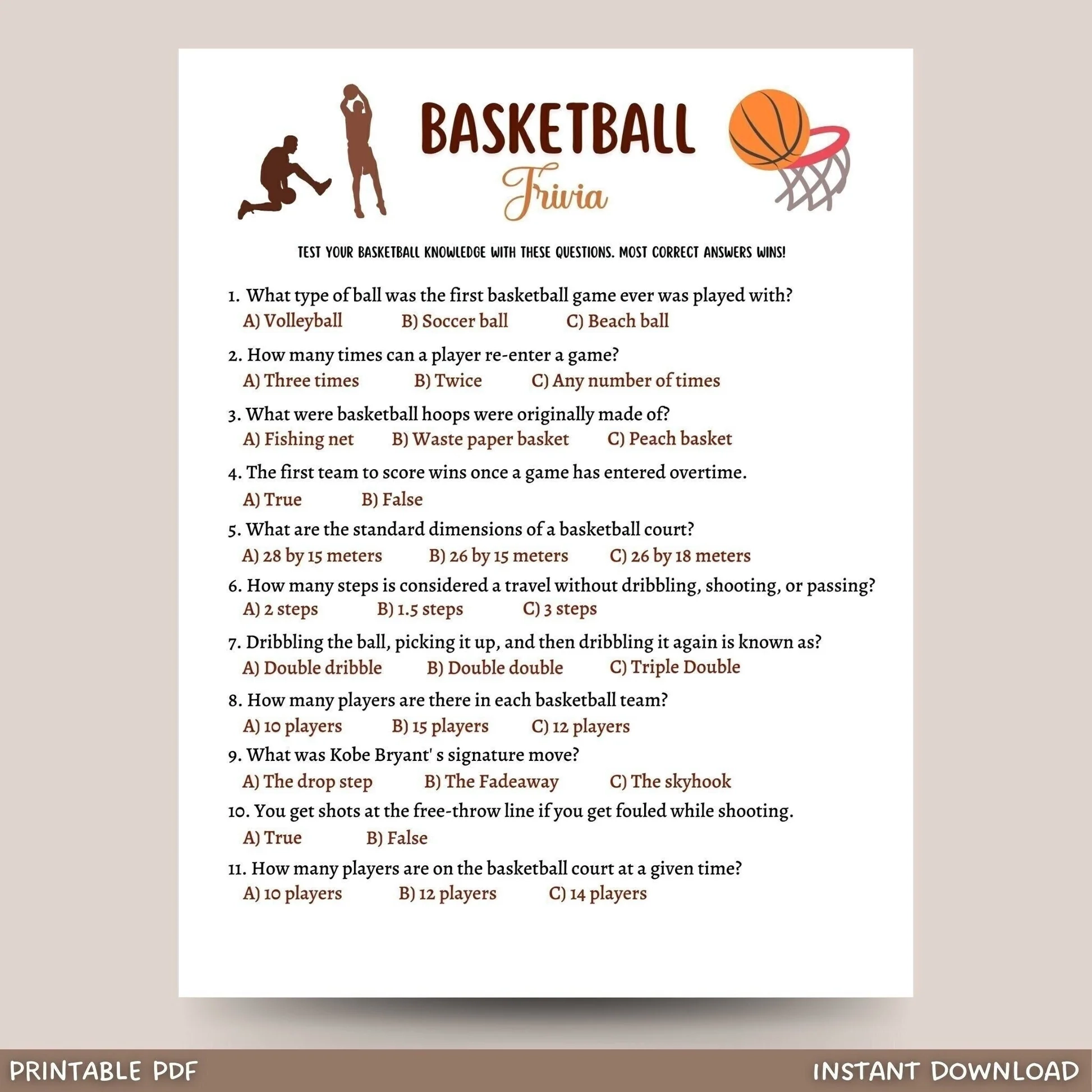 Basketball Trivia Game Printable Tailgate Party Activity Adults Kid Scribbled LLC Basketball Trivia Game Printable Tailgate Party Activity Adults Kid Scribbled LLC