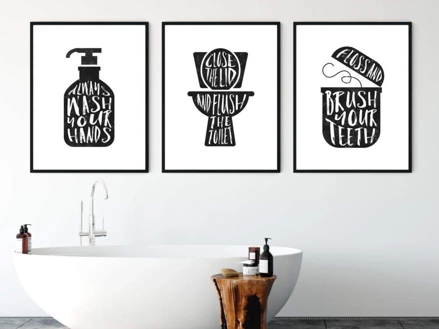 Bathroom Wall Decor Printable Sign Print Set Of 3 Flush Toilet Sign Wash Hand Sign Vintage Signs Hand Lettered Sign Printable Set Etsy