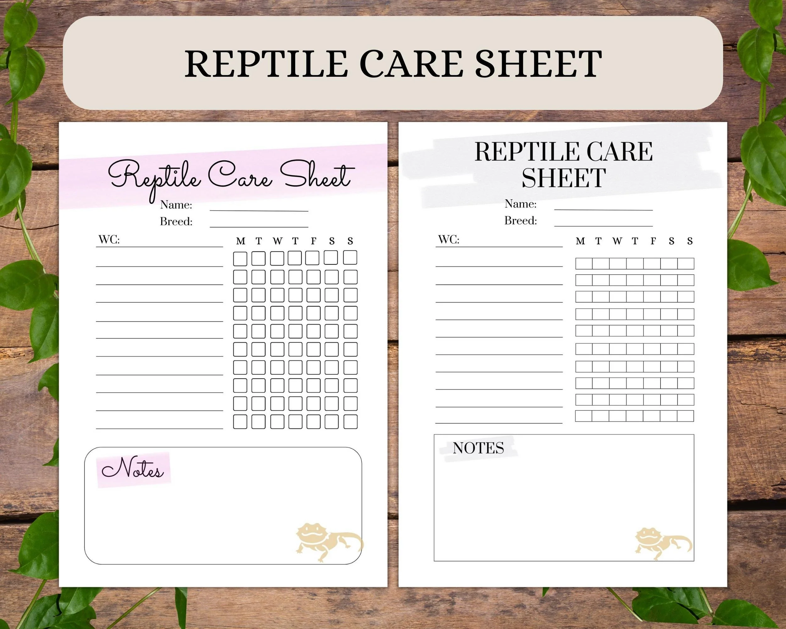 Bearded Dragon Care Sheet Printable Reptile Tracker Log A4 A5 Digital Download Pet Health Feeding Planner 2 Designs Etsy