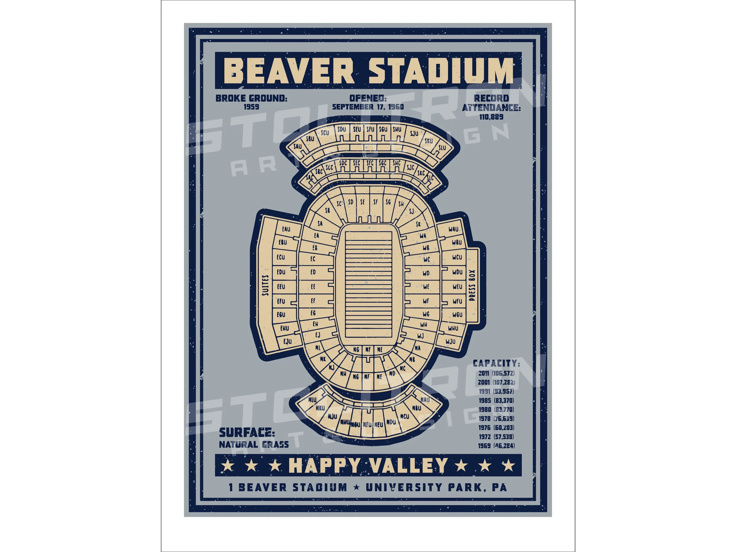BEAVER STADIUM Seating Chart Diagram Poster Wall Art Print 12x18 18x24 24x36 Inches State College Pennsylvania Happy Valley Football Etsy