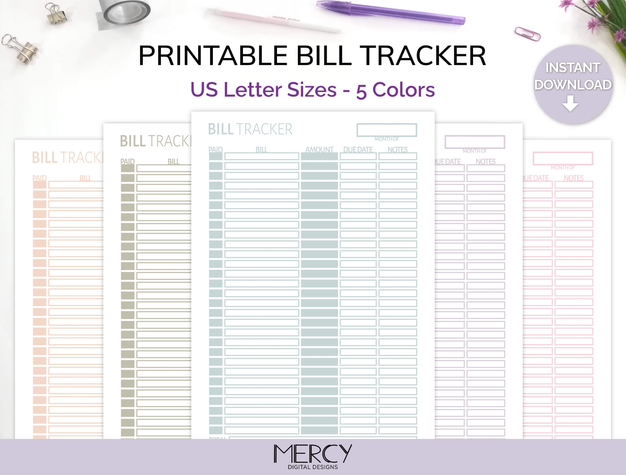 Printable Bill Tracker Cute Planner Insert