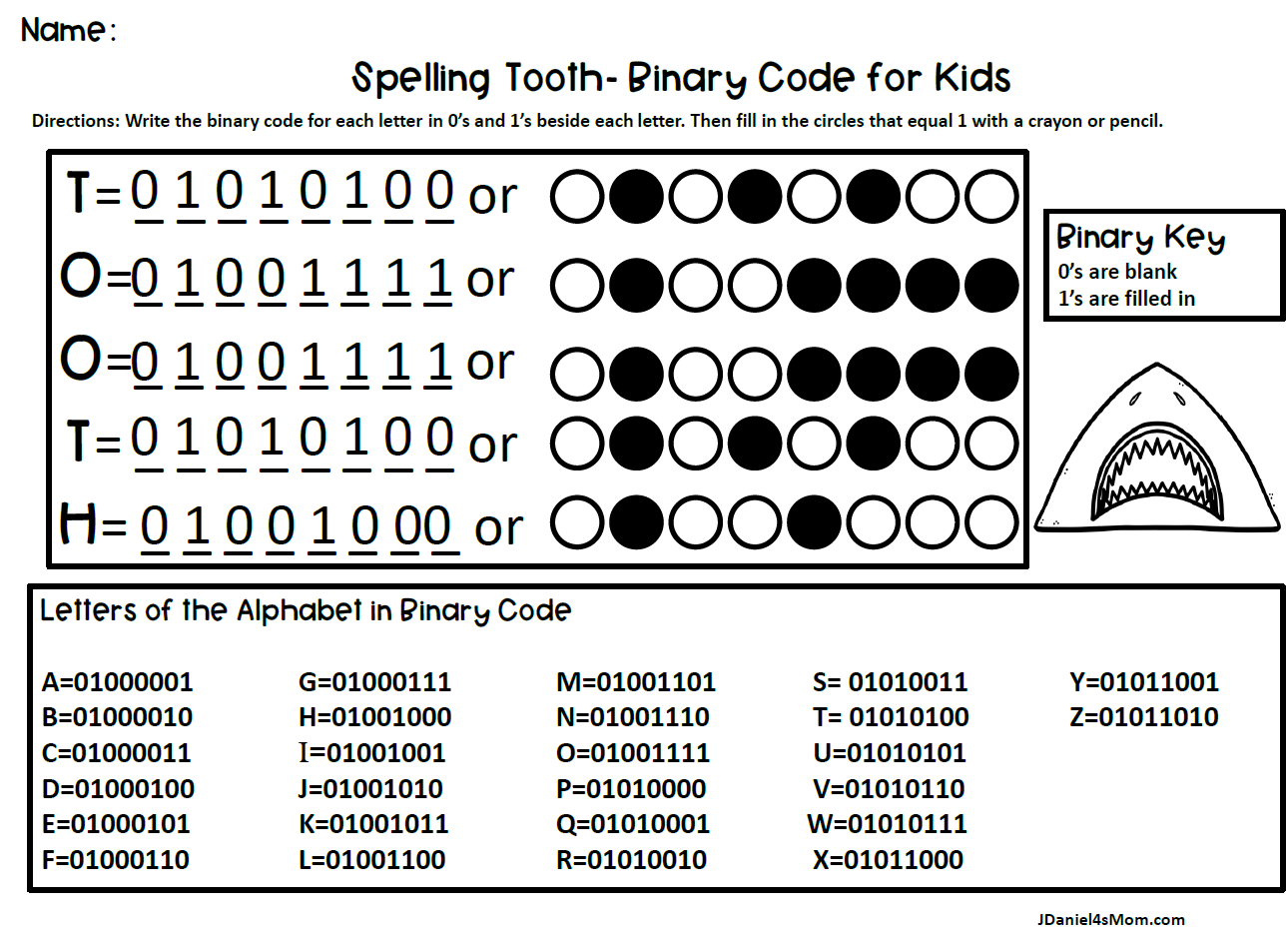 Printable Binary Code Letters Sheet