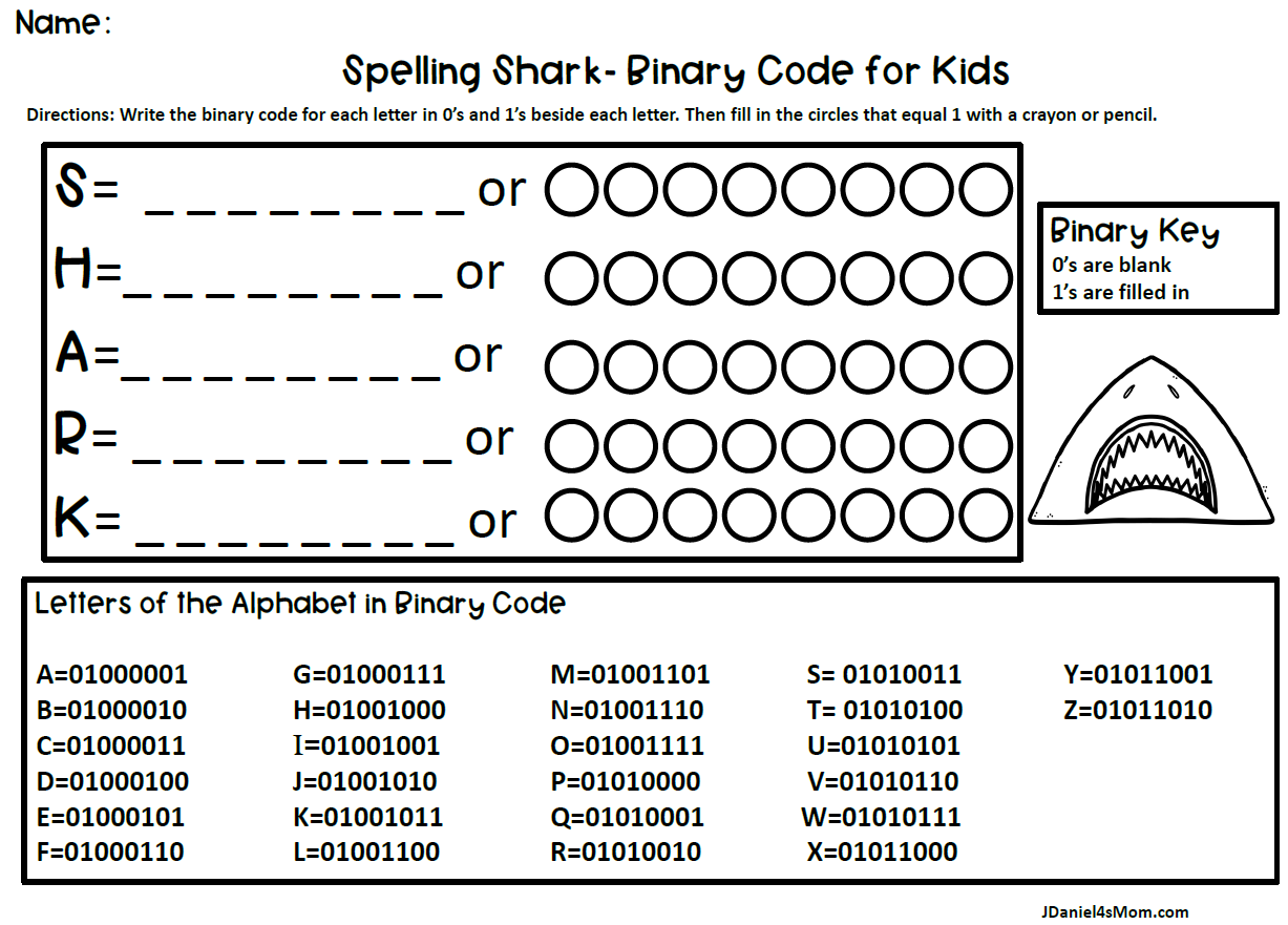 Binary Code For Kids Spelling Shark Printables JDaniel4s Mom