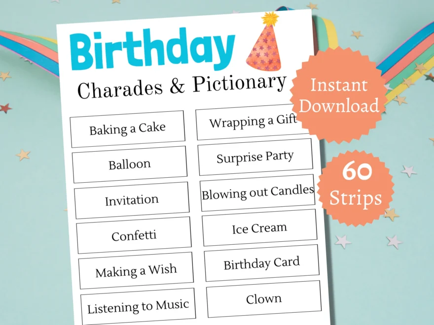 Birthday Charades Game Printable Birthday Party Pictionary Cards Birthday Celebration Activity For Kids Teens And Adults Etsy