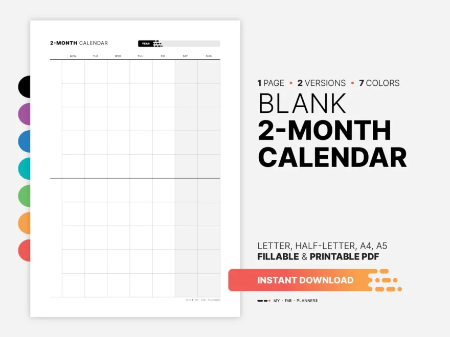 Blank 2 Month Calendar Undated Multi Month At a glance Planner Printable Monthly Perpetual Digital Wall Block Desk Template Fillable PDF Etsy