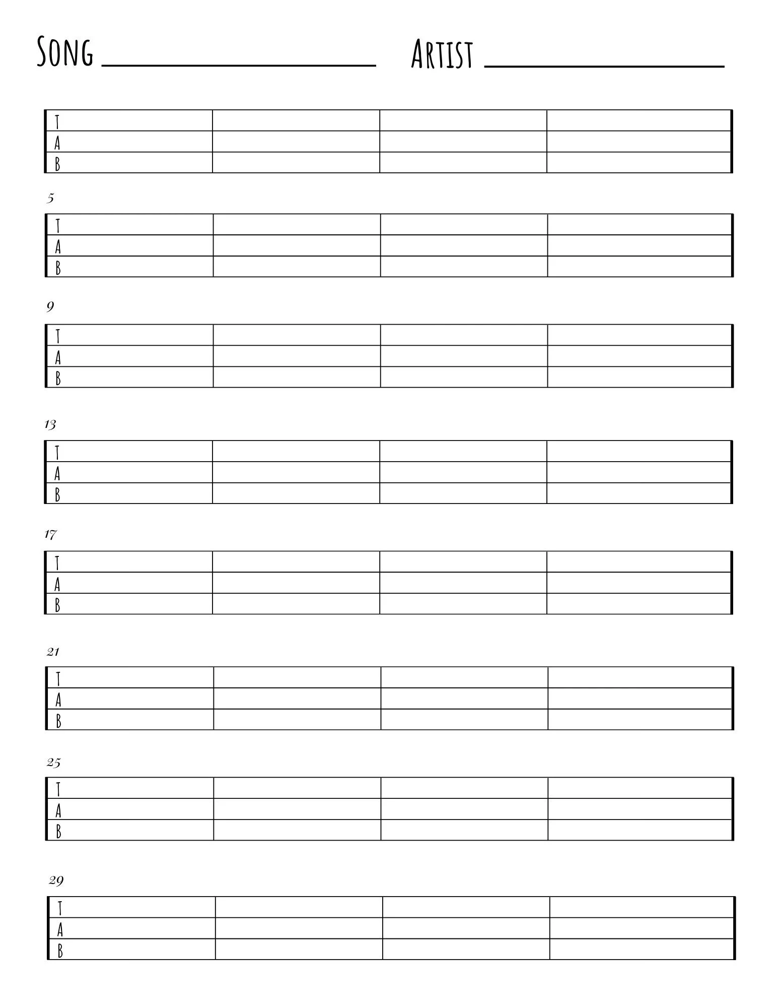 Blank Bass Guitar Tab Sheet Printable Tablature instant Download Etsy