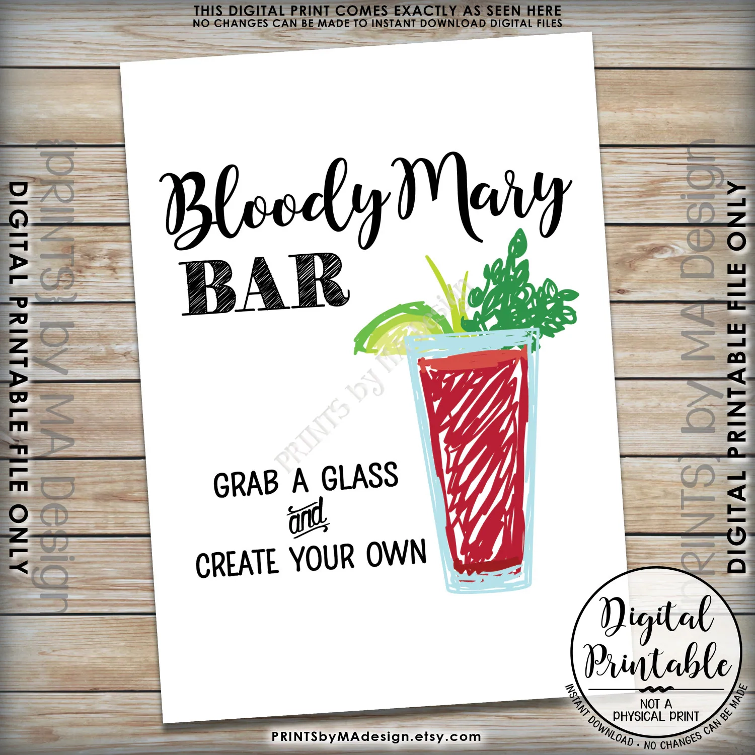 Bloody Mary Bar Sign Create Your Own Bloody Mary Wedding Bridal Shower Brunch Menu 5x7 Instant Download Digital Printable File