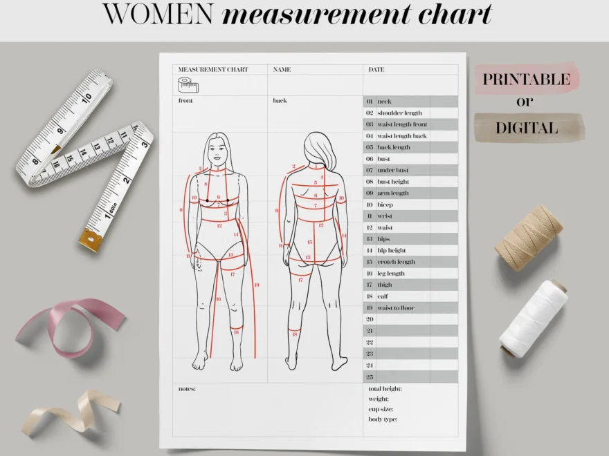 Body Size Chart Printable Digital Women Body Measurement Template Sewing Size Chart Body Measurements Tracker fillable Fashion Measurement Etsy