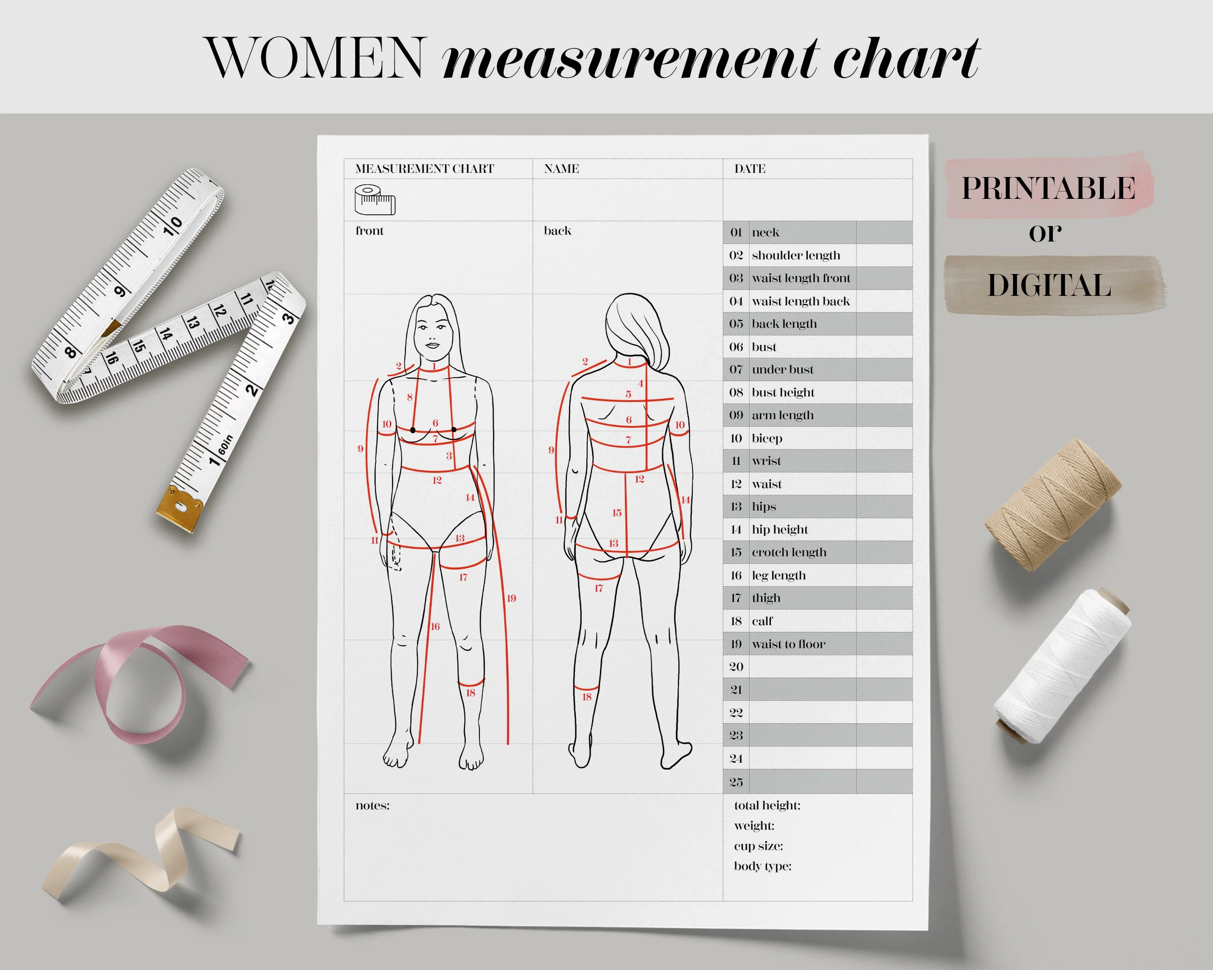 Body Size Chart Printable Digital Women Body Measurement Template Sewing Size Chart Body Measurements Tracker fillable Fashion Measurement Etsy