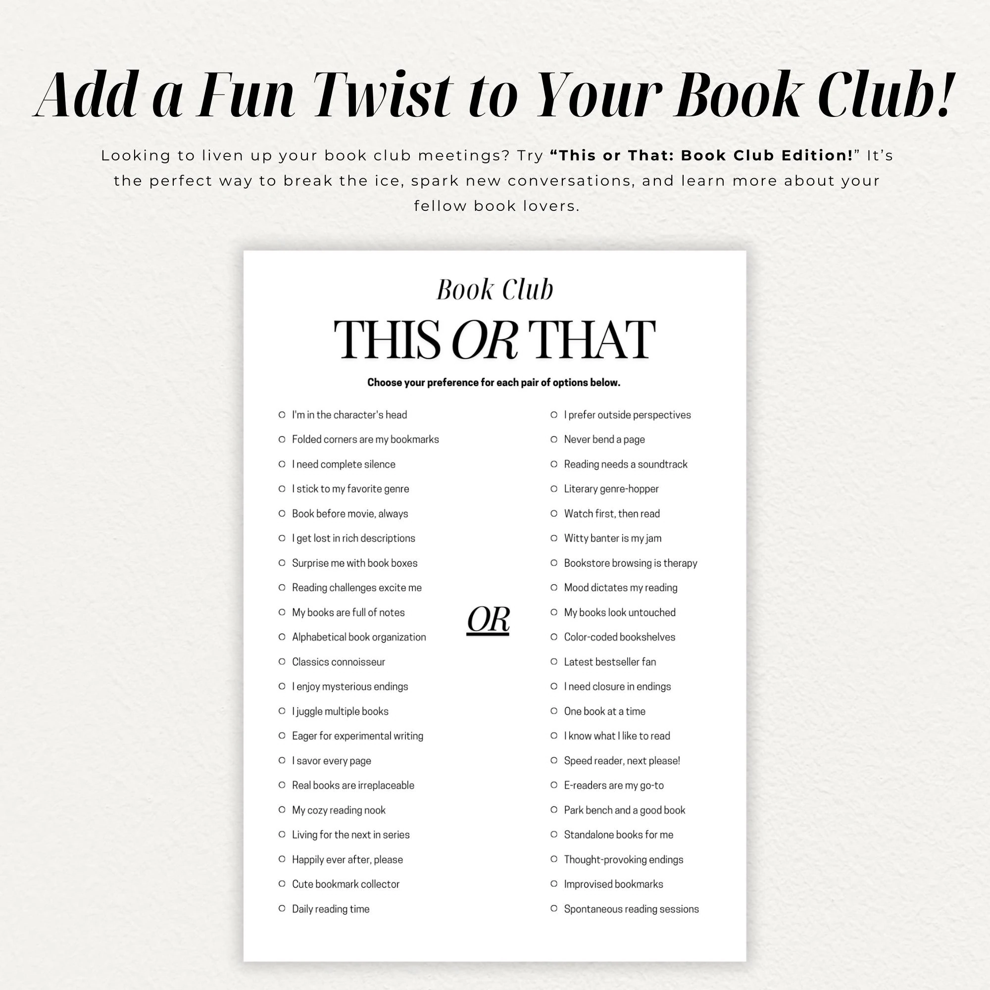 Book Club Icebreaker Game This Or That Book Club Printable Fun Book Club Activity Book Lover Quiz Adult Book Club Game Digital Download Etsy
