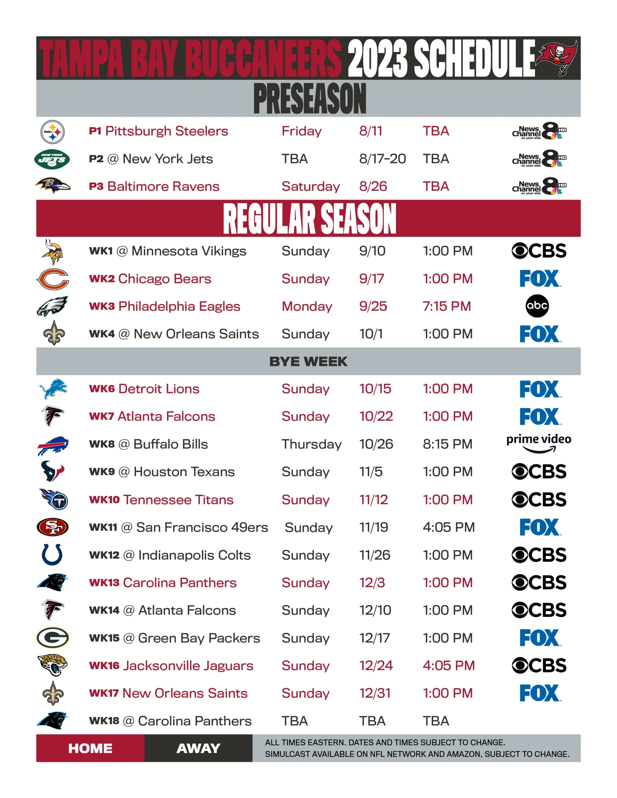 Tampa Bay Bucs Printable Schedule