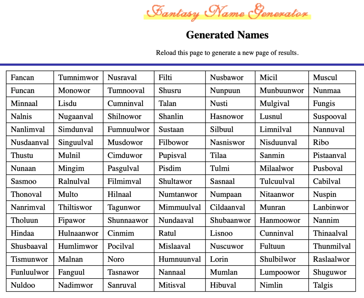 Printable Fantasy Name List