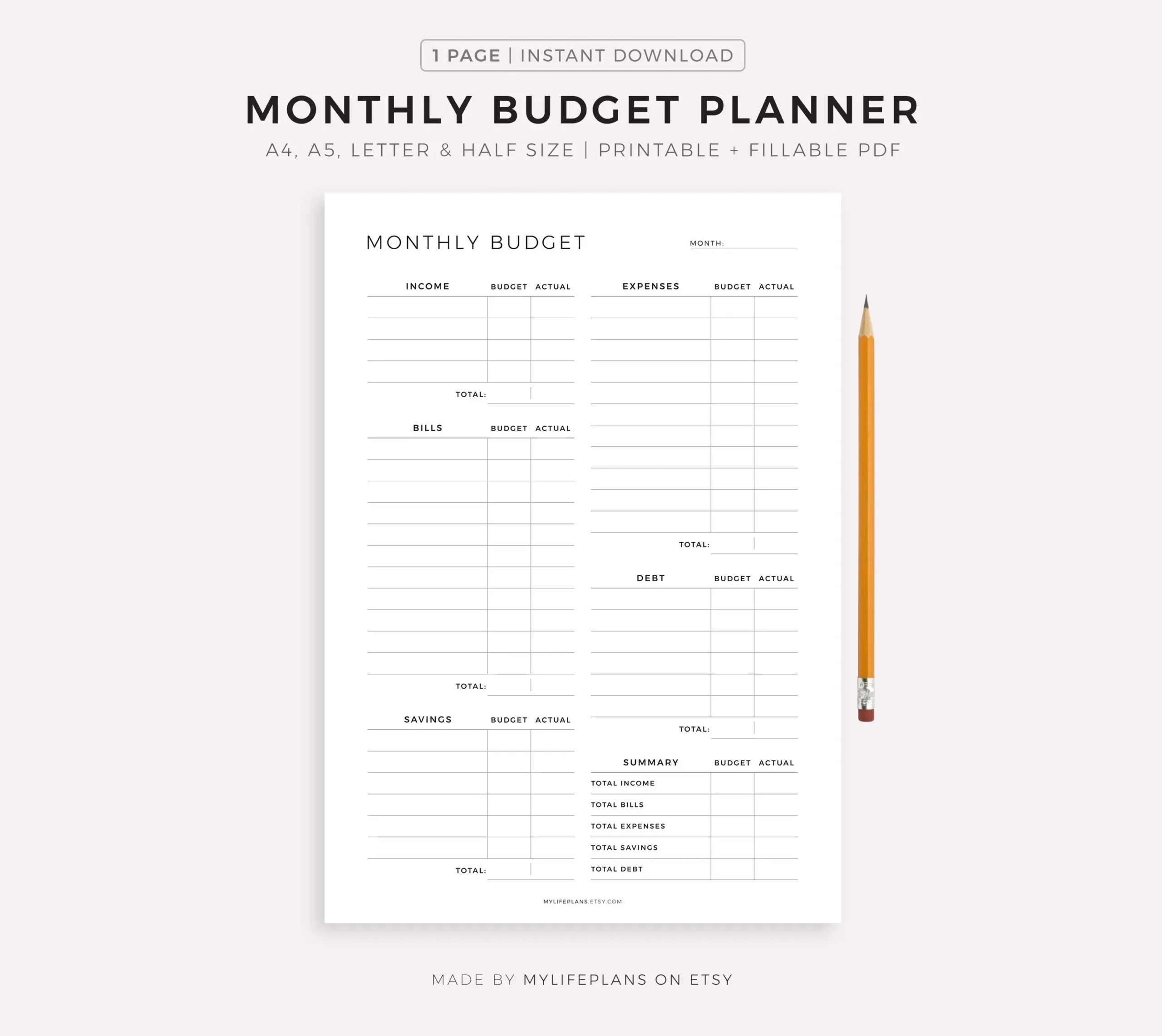 Half Size Printable Financial Planner