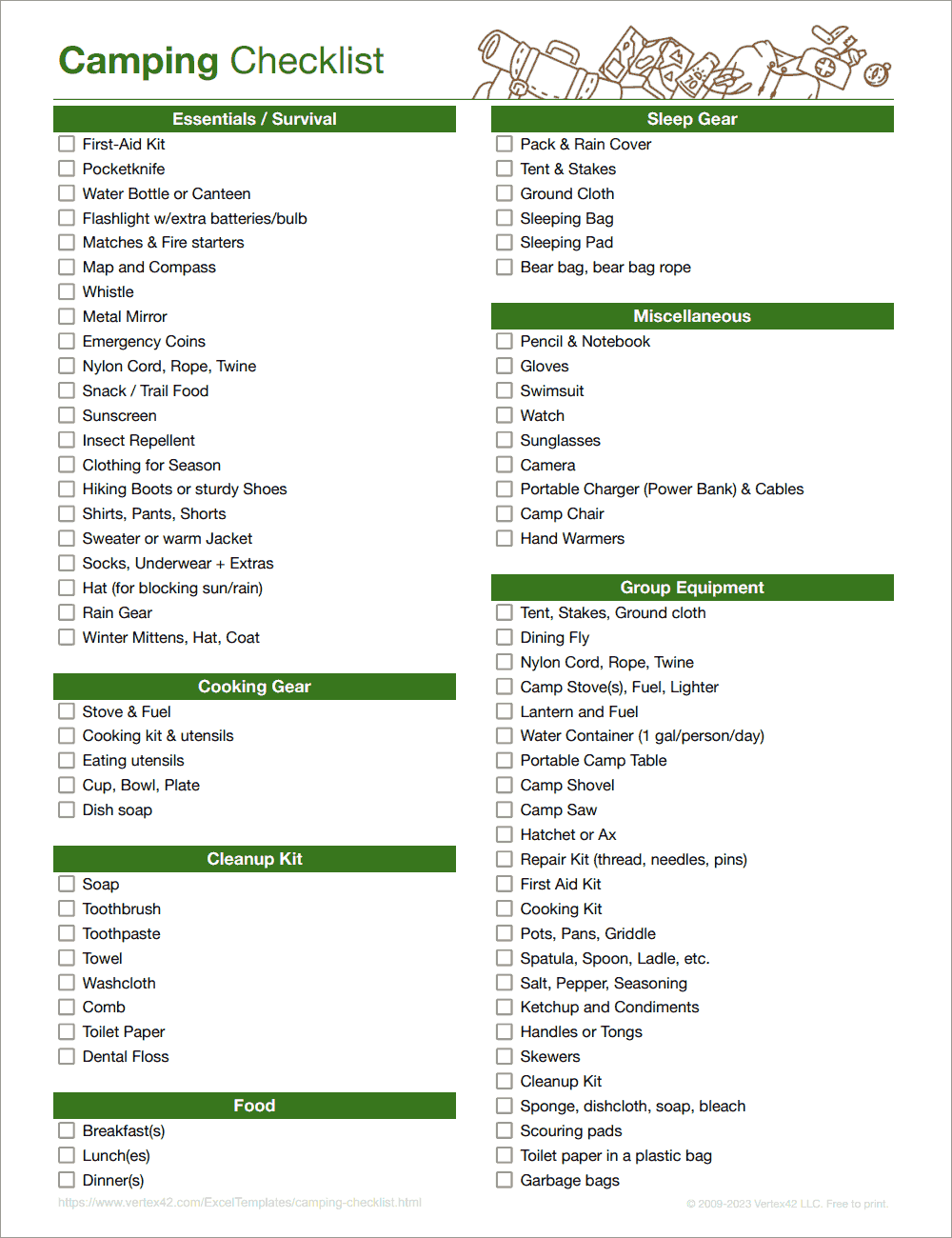 Tent Camping List Printable