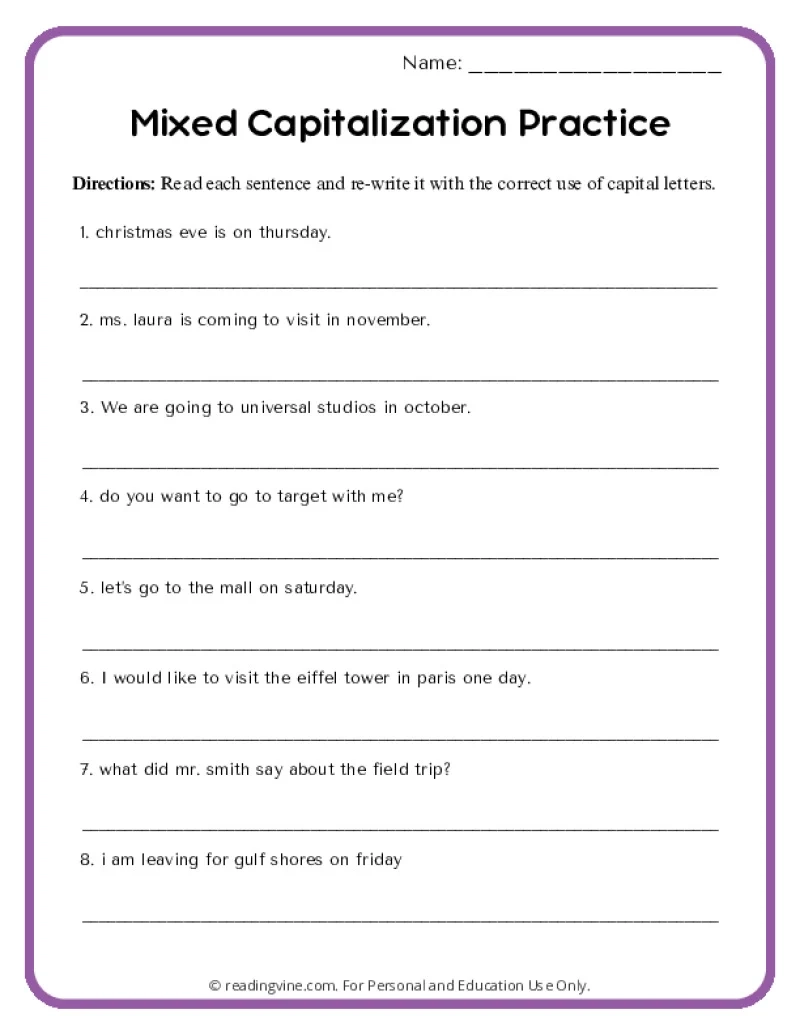Middle School Capitalization Quiz Printable