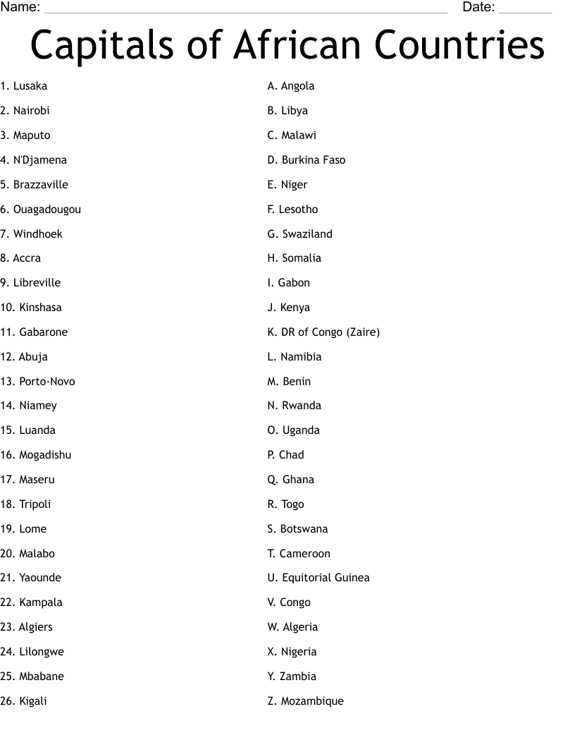 Capitals Of African Countries Worksheet WordMint Capitals Of African Countries Worksheet WordMint