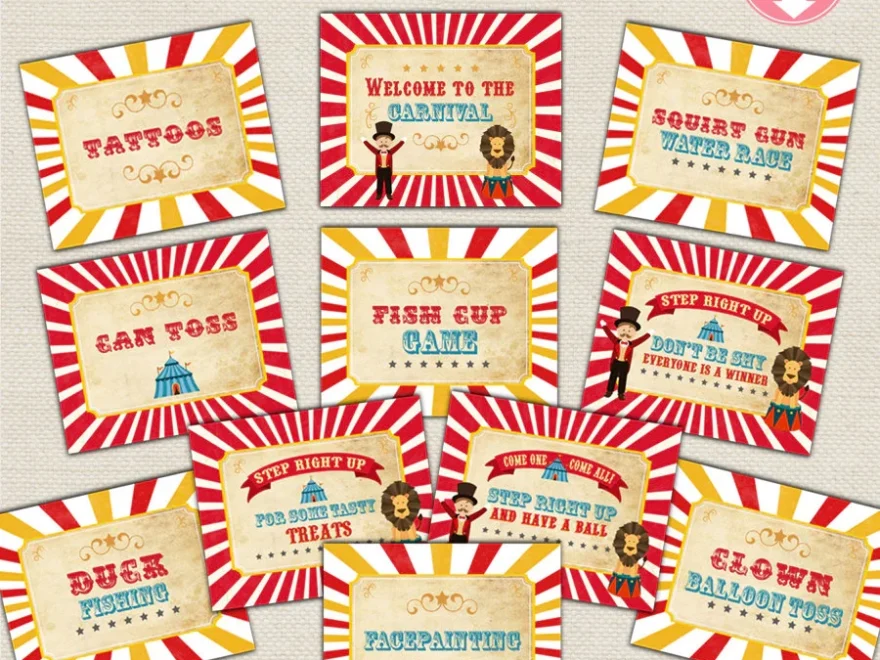 Carnival Party Signs Vintage Circus Signs Set Of 12 8x10 Carnival Iconica Design
