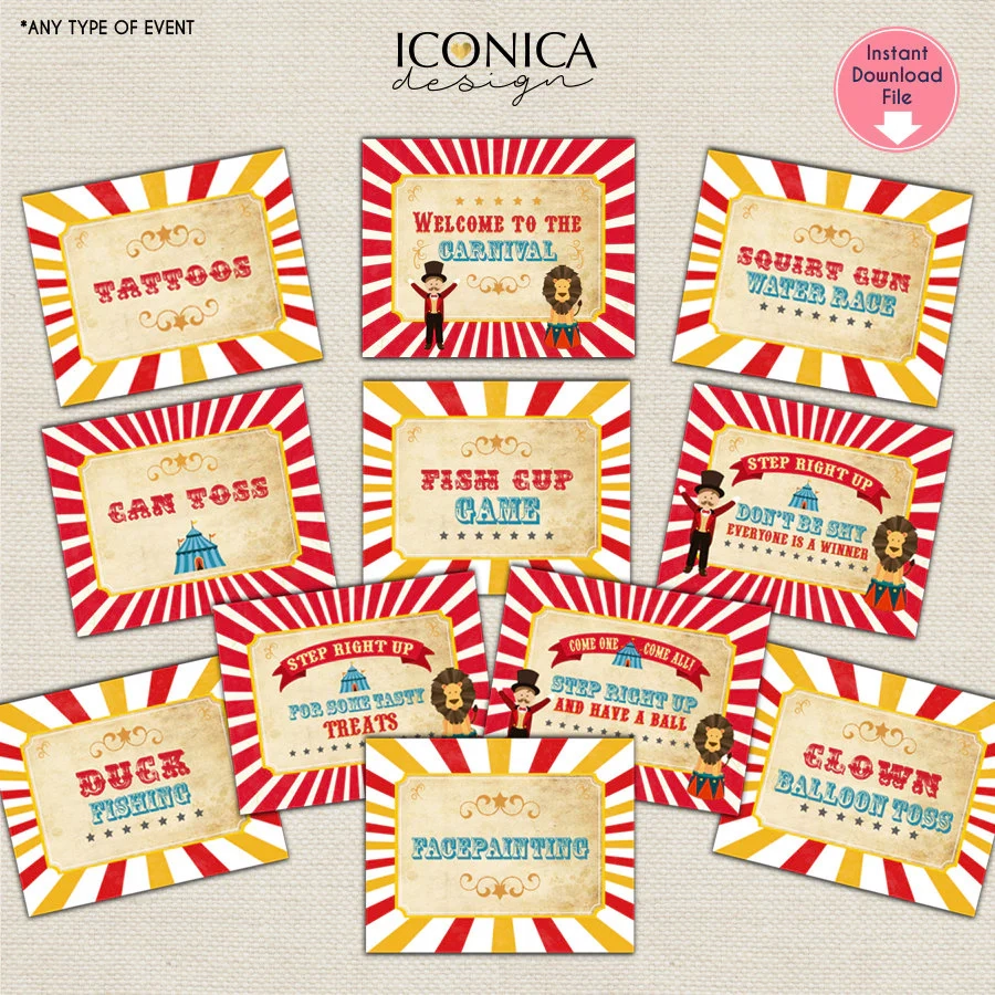 Carnival Party Signs Vintage Circus Signs Set Of 12 8x10 Carnival Iconica Design