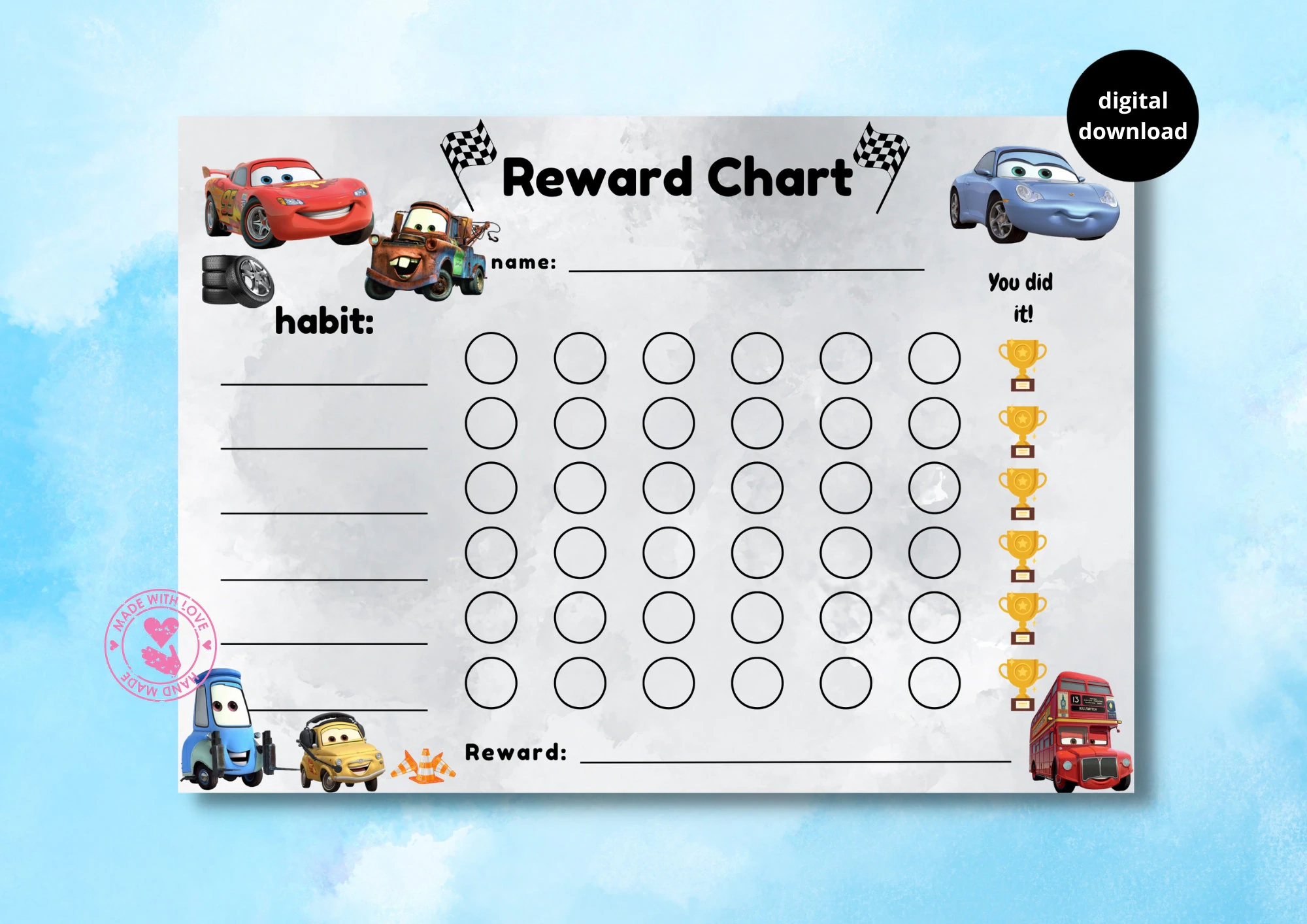 Cars Movie Reward Chart Lightning Mcqueen Mater Behaviour Chart Habit Tracker Printable Download Digital A4 Etsy