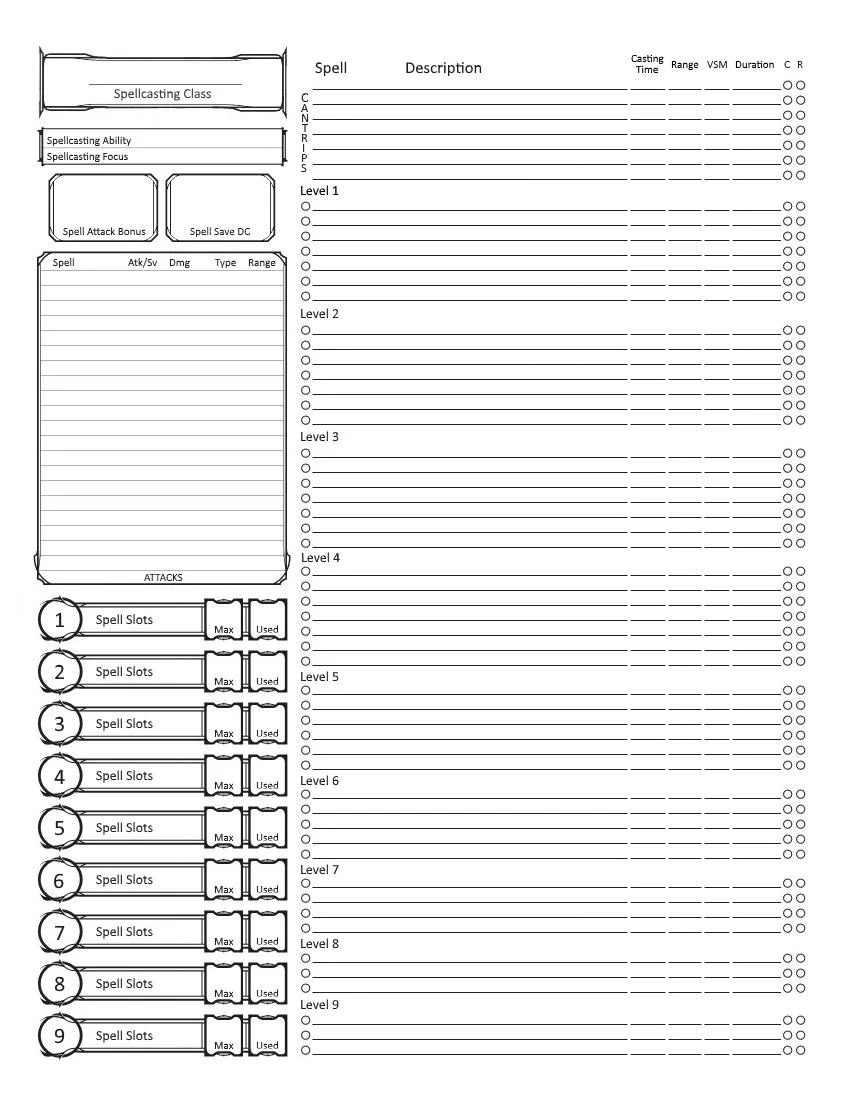 Character Sheet Just For Spellcasting Lots Of Space For Magical Attacks And Listing Casting Time Range Components Duration Or Your Spells R dndnext