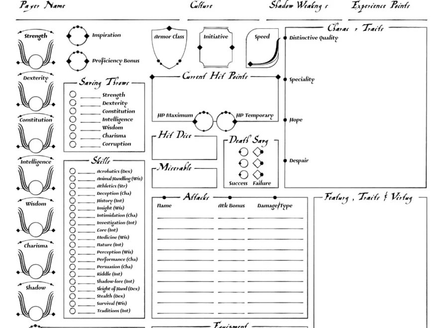 Character Sheets For Adventures In Middle Earth 5E The Voyager s Workshop