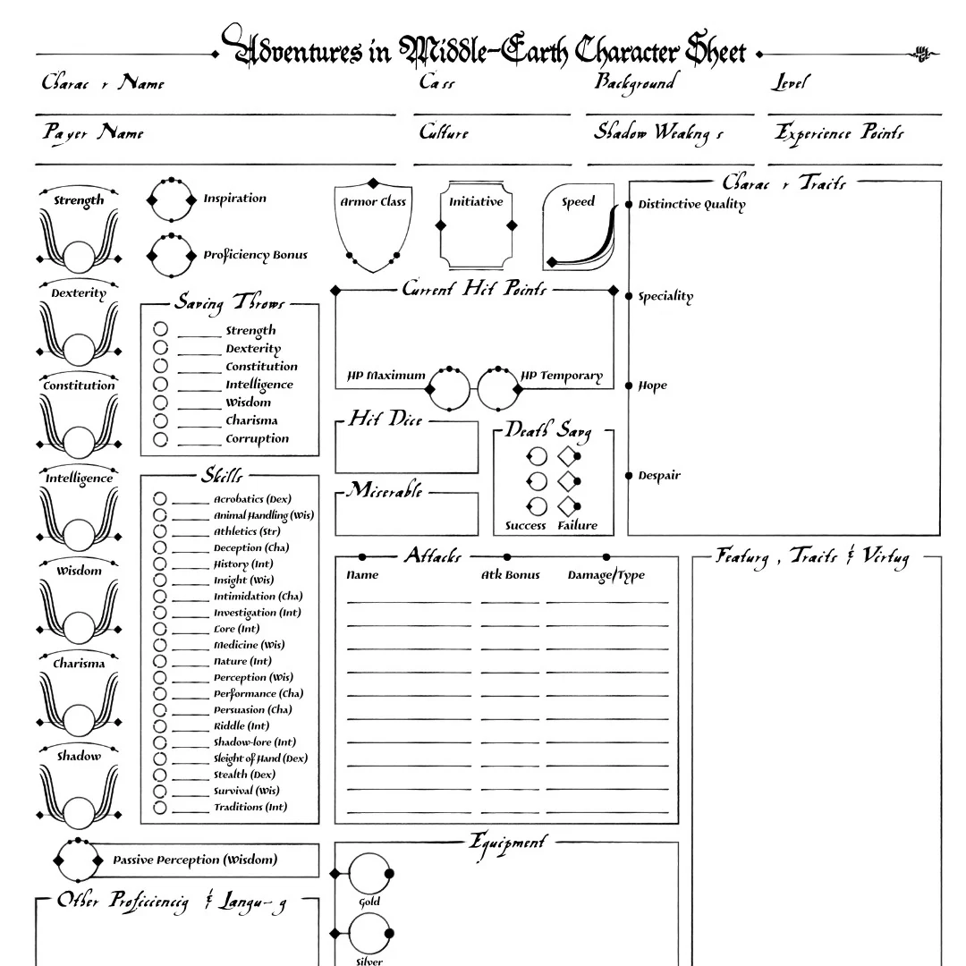 Character Sheets For Adventures In Middle Earth 5E The Voyager s Workshop