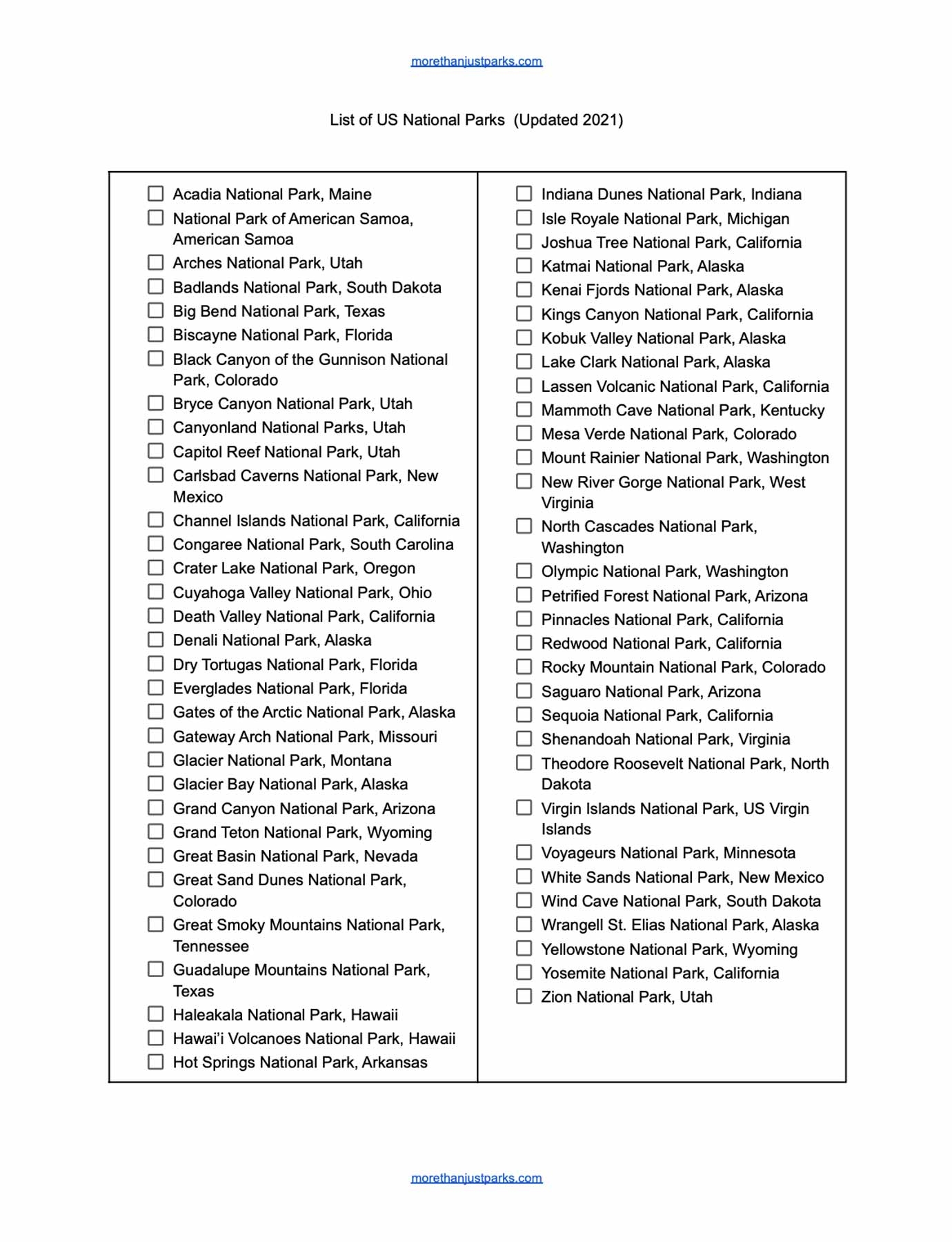 United States National Parks List Printable United States National Parks List Printable
