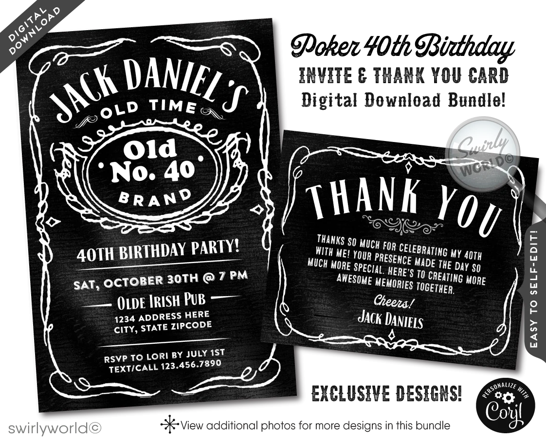 Cheers For Forty Years Jack Daniel s Whiskey Label Digital 40th Birthd Swirly world design