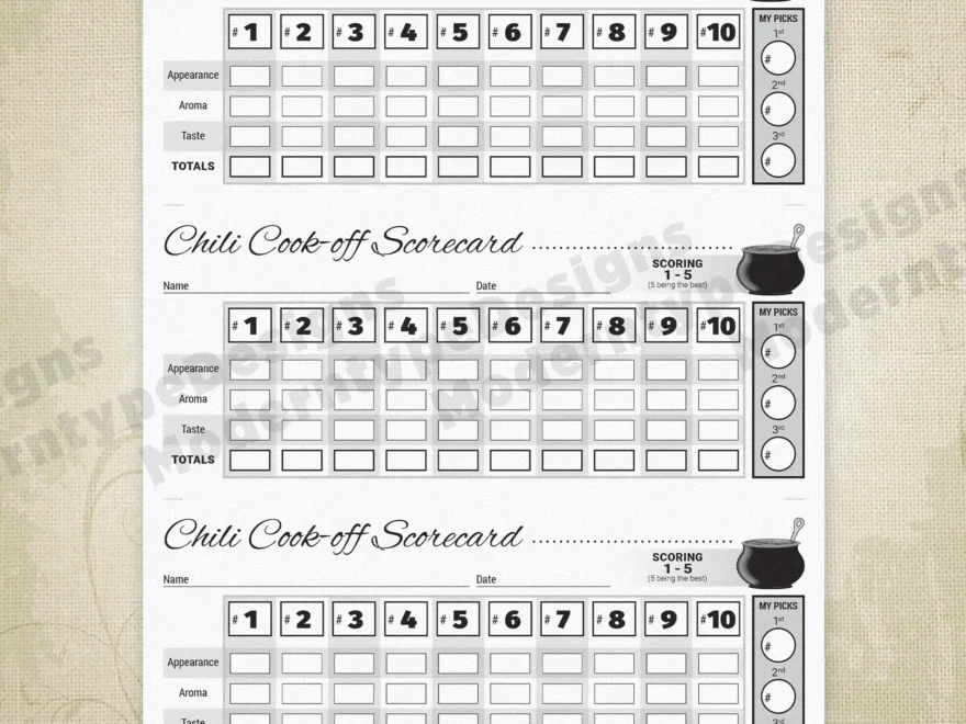 Chili Cook off Basic Scorecard Printable 10 Entries 8 5 X 3 67