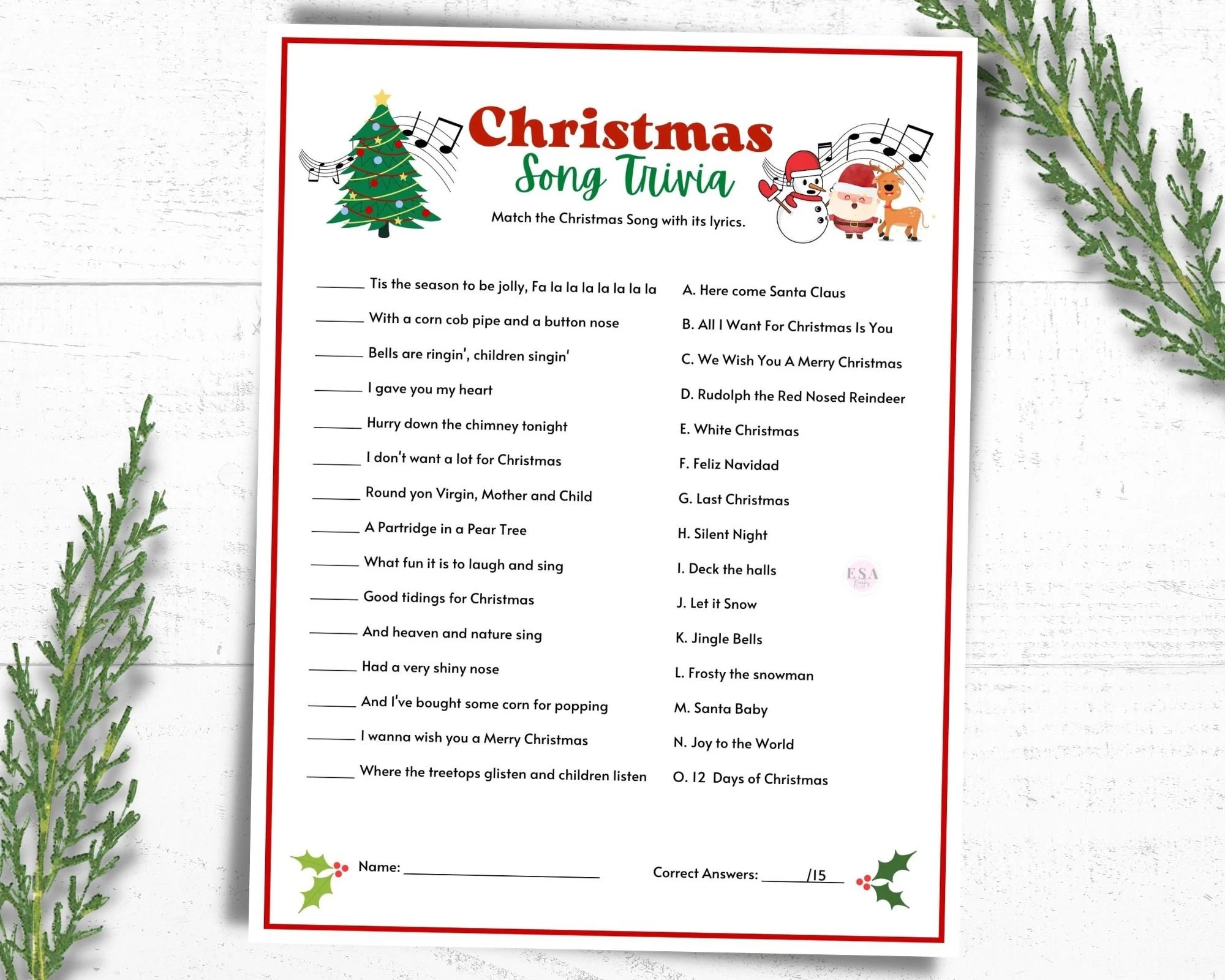 Christmas Song Trivia Game Printable Holiday Party Activity PDF Etsy