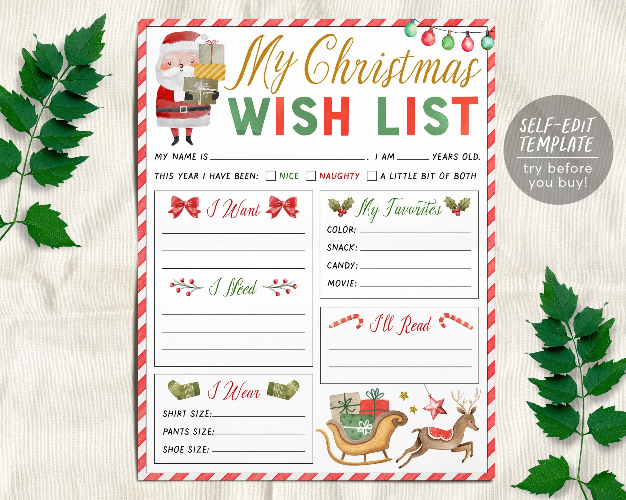 Christmas Wish List For Kids Editable Template Personalized Holiday W Puff Paper Co