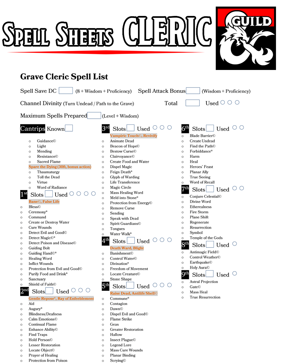 Class Specific Spell Sheets Cleric V1 9 EE UA XGtE TCoE Dungeon Masters Guild Dungeon Masters Guild