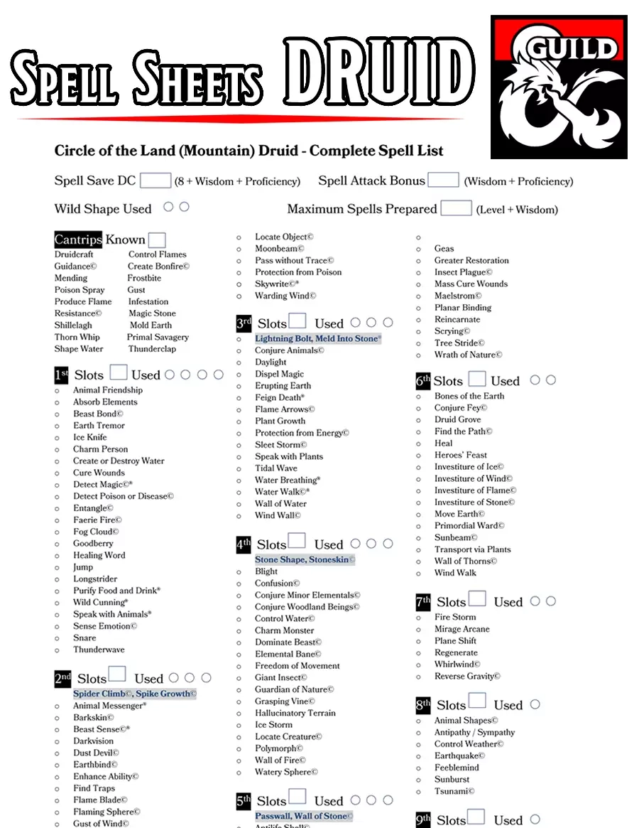 Class Specific Spell Sheets Druid V1 6 EE UA XGtE TCoE Dungeon Masters Guild DriveThruRPG