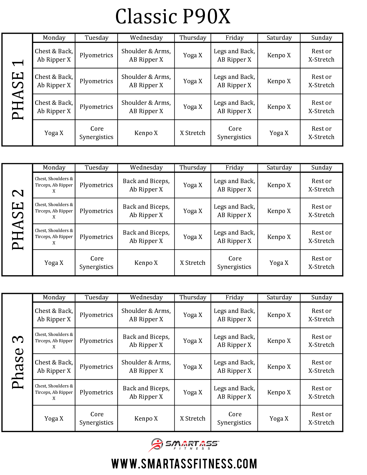 P90x3 Workout Schedule Classic Printable