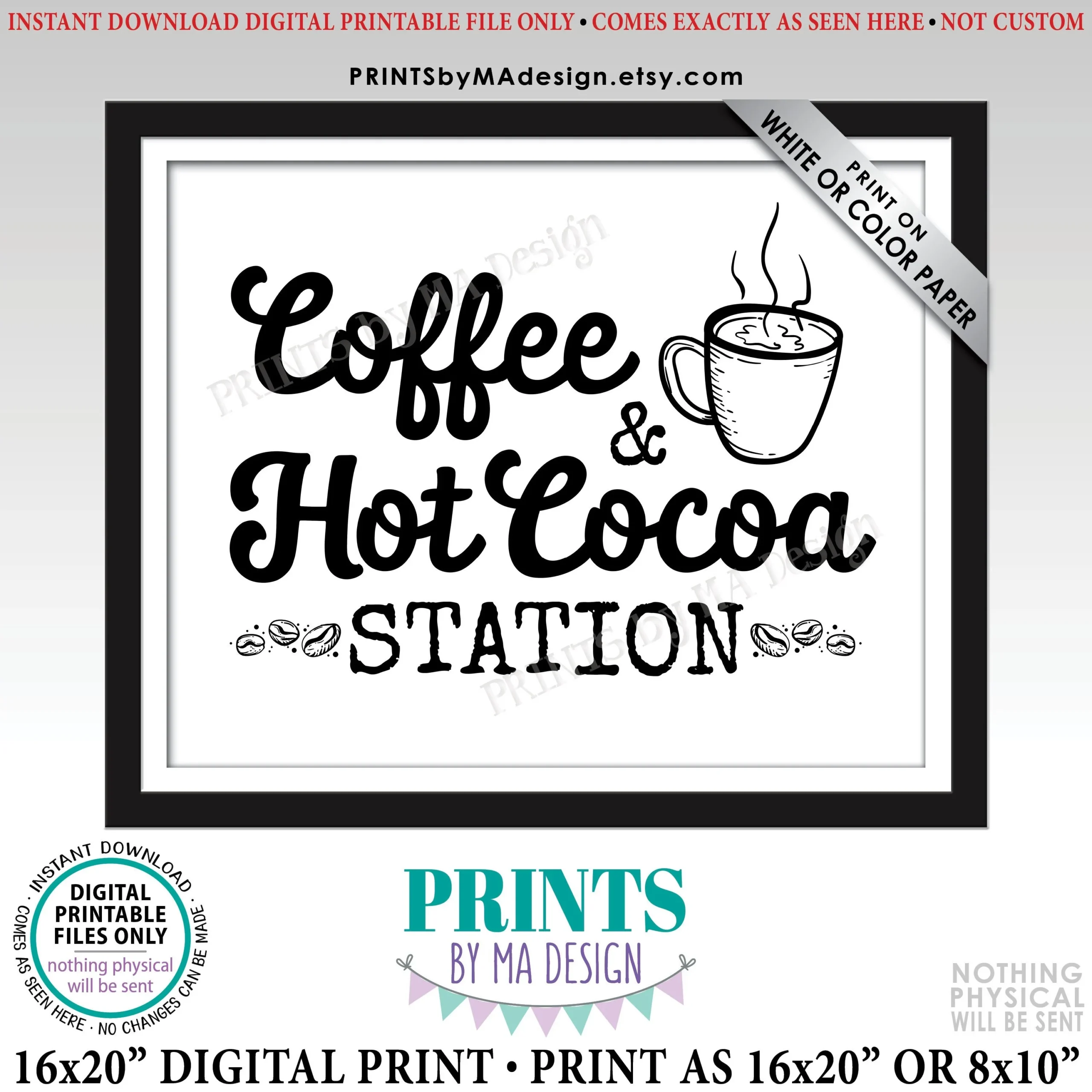 Coffee And Hot Cocoa Station Sign Hot Chocolate Bar Coffee Bar Sign Hot Beverages PRINTABLE 8x10 16x20 Black White Sign