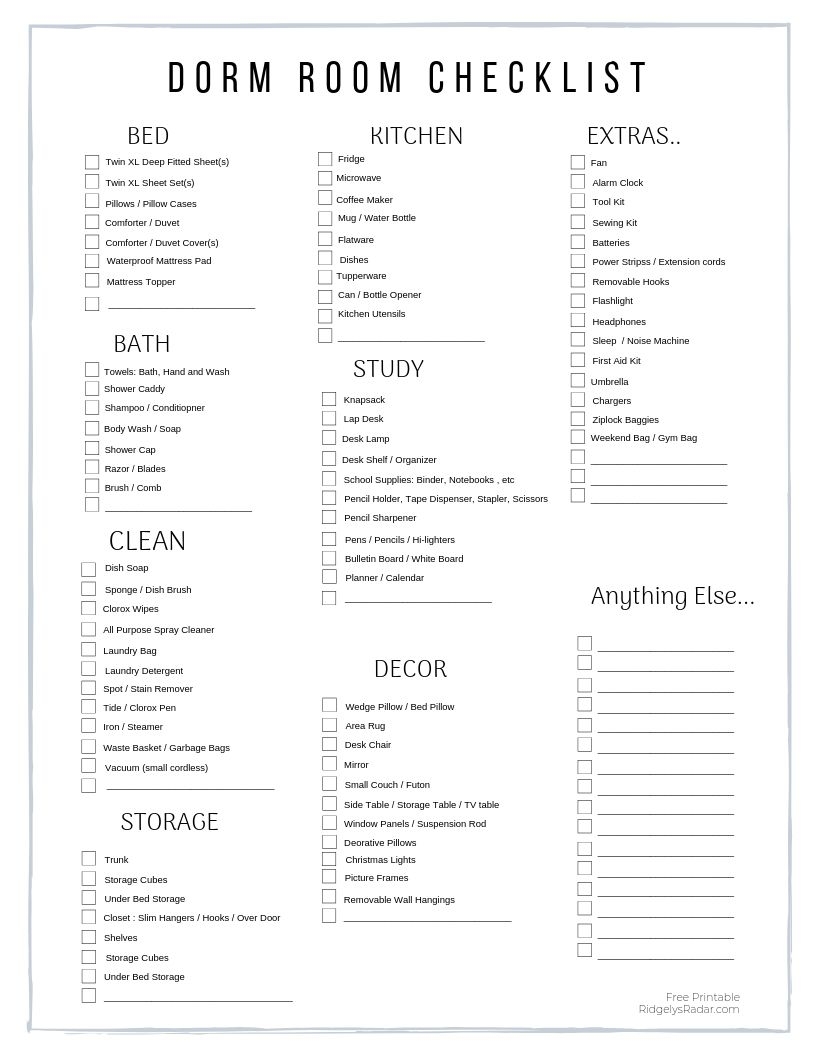 College Dorm Essentials Must Have Printable Checklist Ridgely s Radar