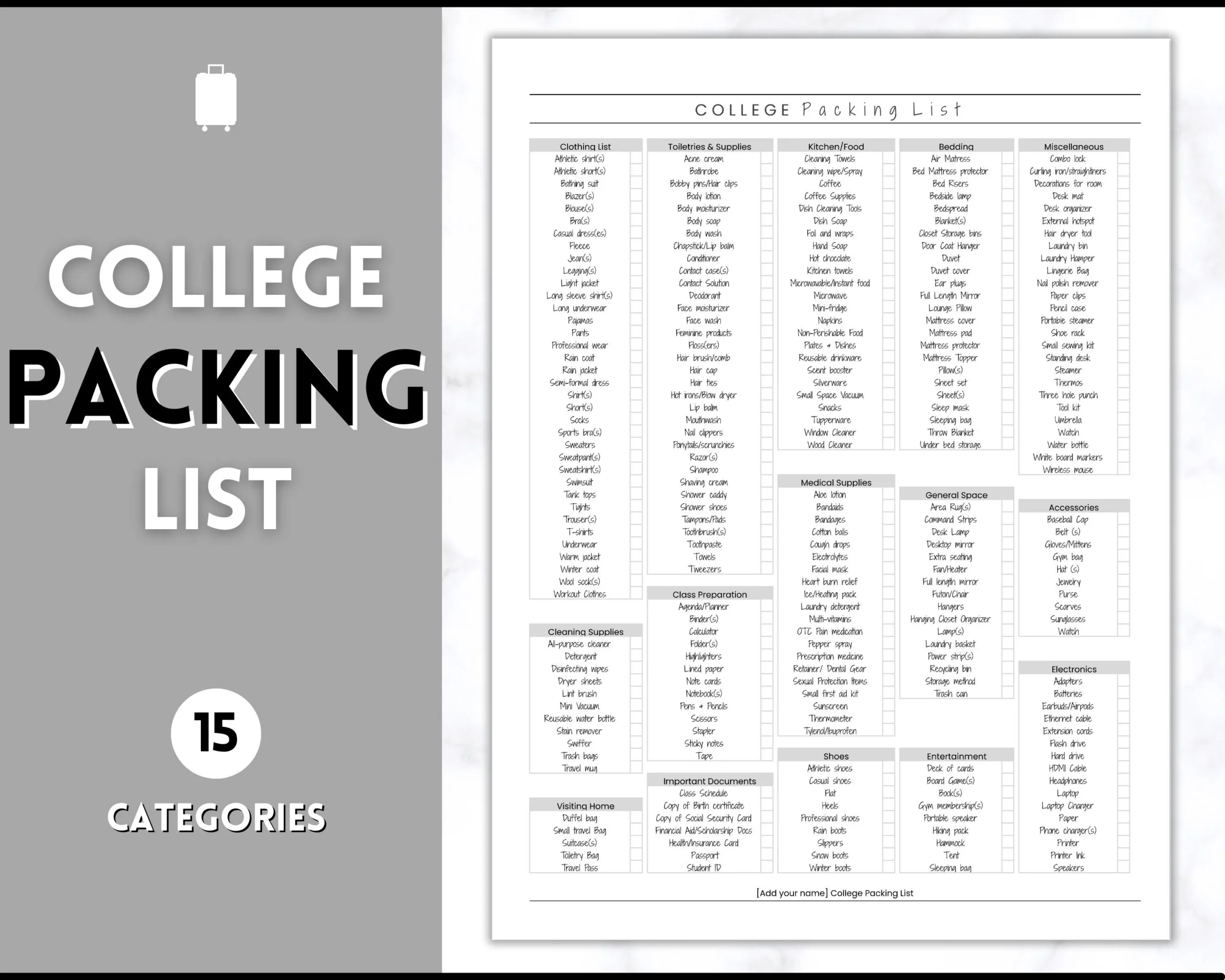 College Packing List Printable Back To School Packing Checklist Student Planner College Essentials Travel Moving College Dorm Checklist Etsy