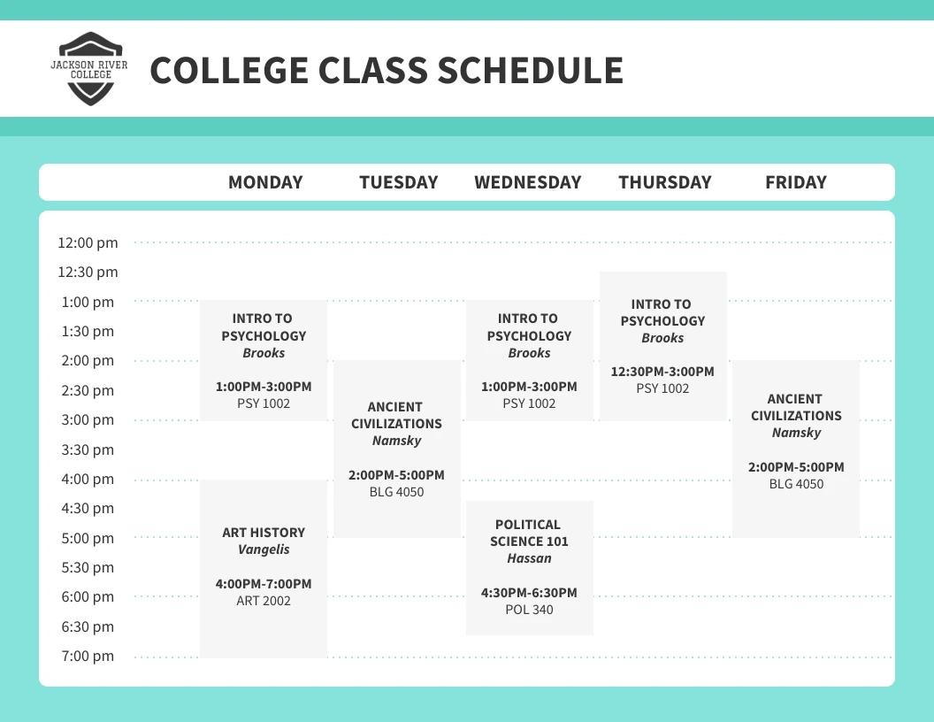 Weekly Calendar Printable College Class Schedule