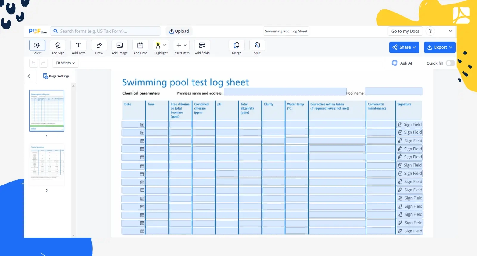 Printable Pool Log Sheet Printable Pool Log Sheet