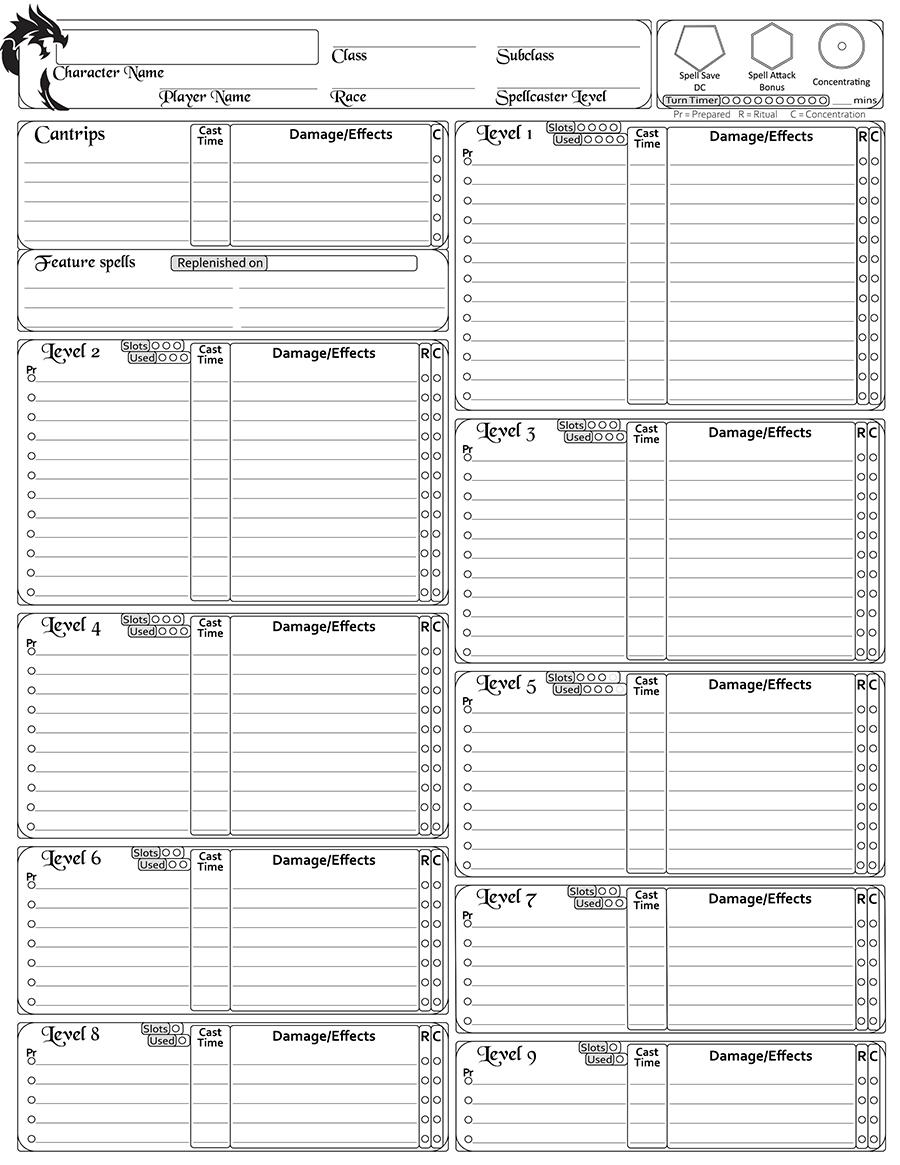 Complete Spell Sheet 5e A Fillable Pdf Spell Sheet With Concentration And Ritual Markers OC R DnD