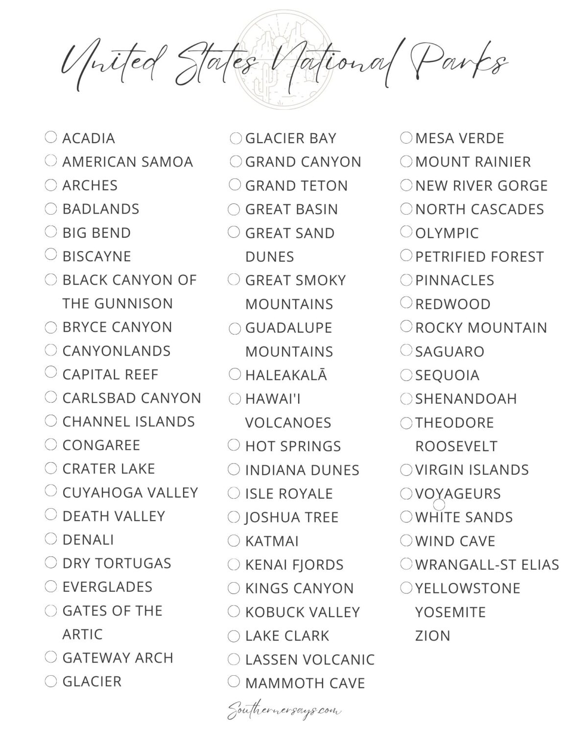 Printable National Parks List By State