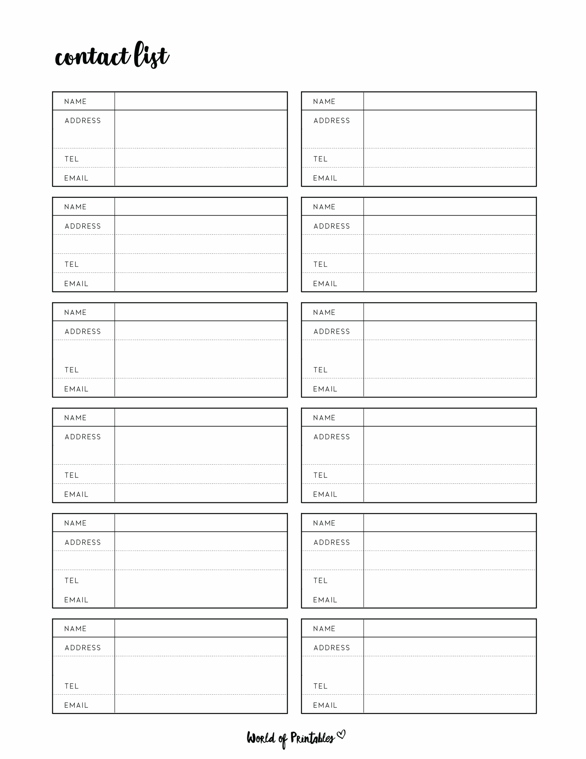 Contact List Templates 12 Of The Best Styles World Of Printables Contact List Templates 12 Of The Best Styles World Of Printables